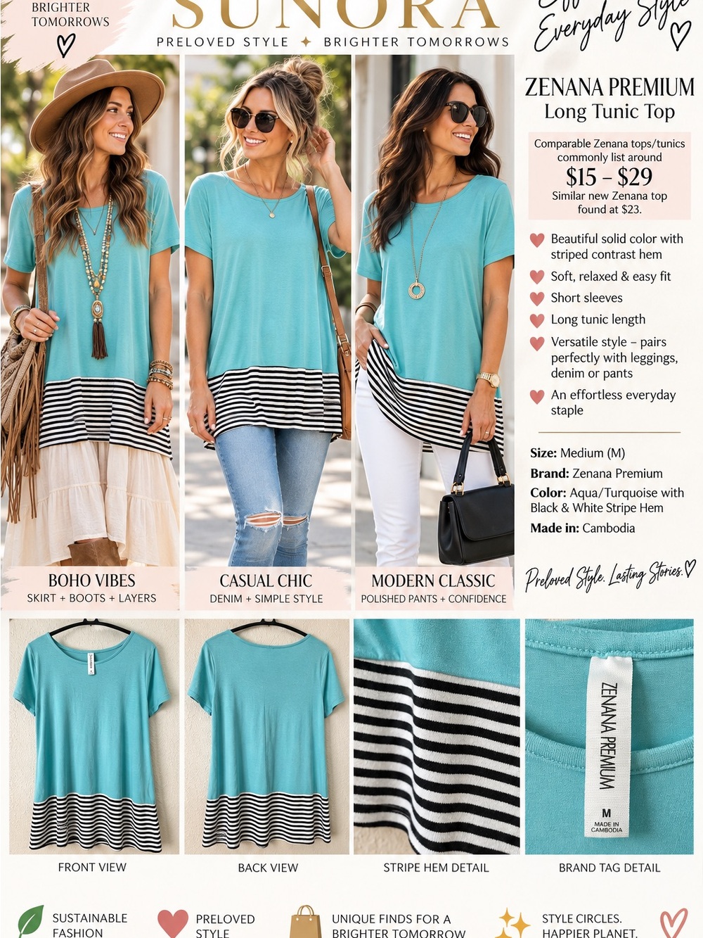 Zenana Outfitters Aqua Tunic Top with Black & White Striped Hem